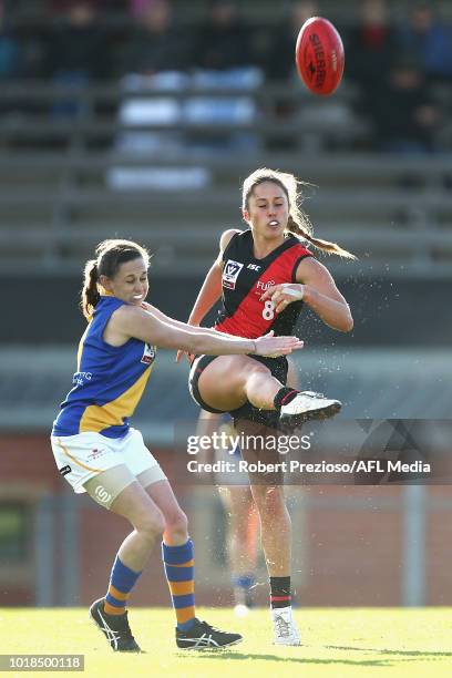 Hayley Bullas of Essendon kicks during the VFLW round 15 match between Essendon and Williamstown at Windy Hill on August 18, 2018 in Melbourne,...