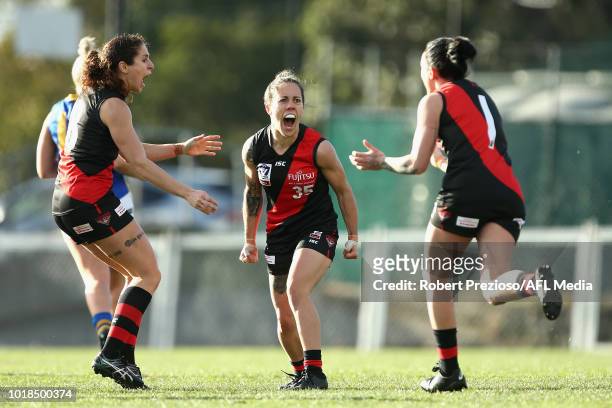 Valerie Moreau of Essendon celebrates a goal during the VFLW round 15 match between Essendon and Williamstown at Windy Hill on August 18, 2018 in...