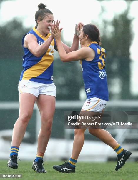 Jasmine Garner of Williamstown celebrates a goal during the VFLW round 15 match between Essendon and Williamstown at Windy Hill on August 18, 2018 in...