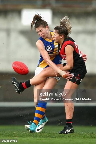 Natalie Macdonald of Essendon kicks during the VFLW round 15 match between Essendon and Williamstown at Windy Hill on August 18, 2018 in Melbourne,...