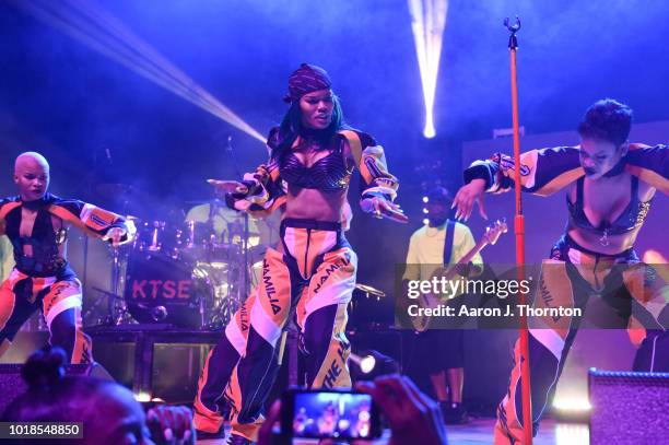 Singer Teyana Taylor performs on stage during the 'Keep That Same Energy' Tour at The Majestic Theater on August 17, 2018 in Detroit, Michigan.