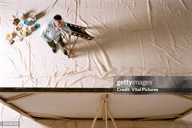 artist looking at painting, paint pots on floor, overhead view - 大画面 個照片及圖片檔