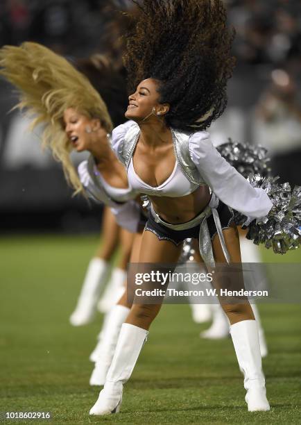 The Oakland Raiders cheerleaders the Raiderettes performs during an NFL preseason football game against the Detroit Lions at Oakland Alameda Coliseum...