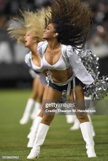 The Oakland Raiders cheerleaders the Raiderettes performs during an NFL preseason football game against the Detroit Lions at Oakland Alameda Coliseum...