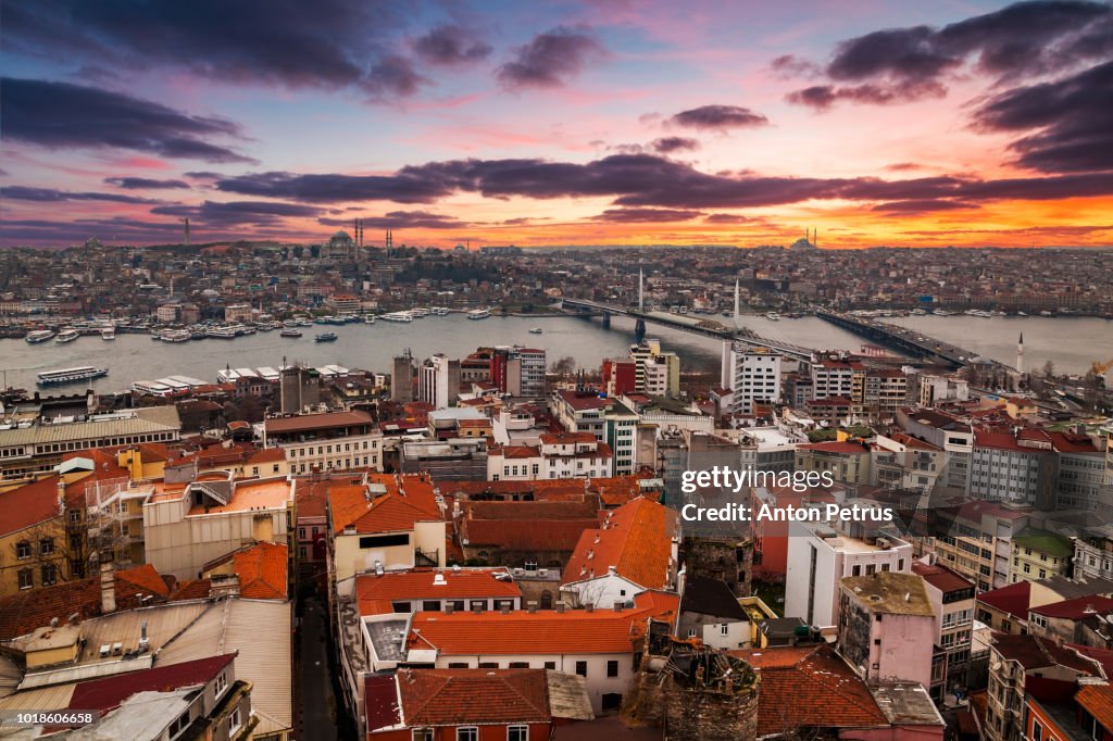 Sunset view from Galata tower to Golden Horn, Istanbul, Turkey
