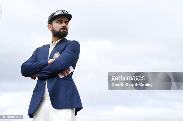 India captain Virat Kohli waits for the toss ahead of the Specsavers 3rd Test match between England and India at Trent Bridge on August 18, 2018 in...