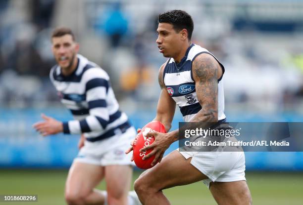 Tim Kelly of the Cats in action during the 2018 AFL round 22 match between the Geelong Cats and the Fremantle Dockers at GMHBA Stadium on August 18,...