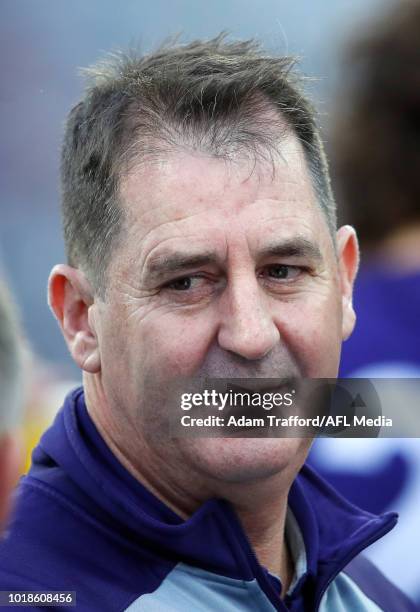 Ross Lyon, Senior Coach of the Dockers addresses his players during the 2018 AFL round 22 match between the Geelong Cats and the Fremantle Dockers at...