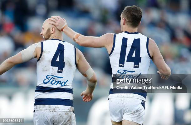 Joel Selwood of the Cats congratulates Gary Ablett of the Cats on his 400th goal during the 2018 AFL round 22 match between the Geelong Cats and the...