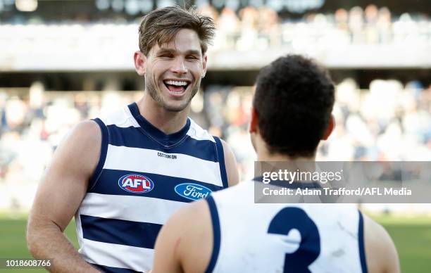 Tom Hawkins of the Cats celebrates with Brandan Parfitt of the Cats during the 2018 AFL round 22 match between the Geelong Cats and the Fremantle...