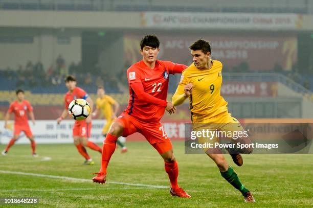 George Henry Raymond Blackwood in action against Lee Sangmin of South Korea during the AFC U23 Championship China 2018 Group D match between South...