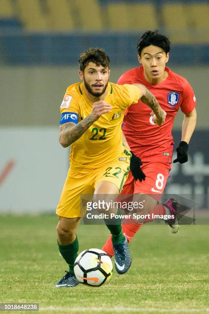 Daniel Peter da Silva of Australia in action against Han Seunggyu of South Korea during the AFC U23 Championship China 2018 Group D match between...