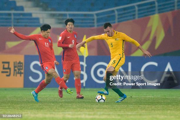 Aleksandar Susnjar of Australia in action against Cho Young Wook of South Korea during the AFC U23 Championship China 2018 Group D match between...