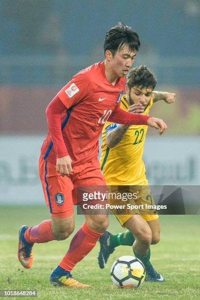 Daniel Peter da Silva of Australia in action against Yoon Seungwon of South Korea during the AFC U23 Championship China 2018 Group D match between...