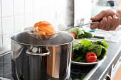 Blanching vegetables in large cooking pot