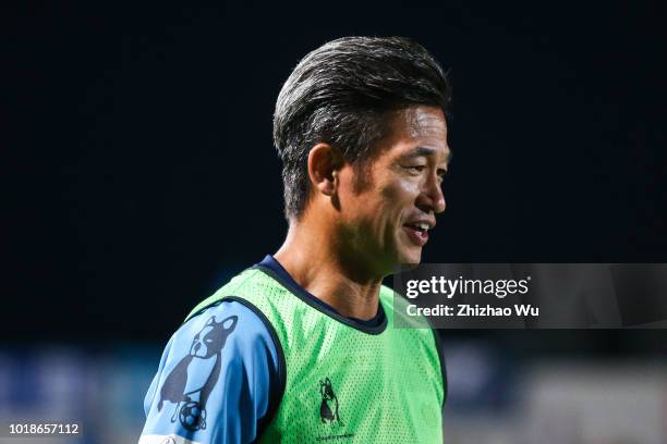 Miura Kazuyoshi in action during the J.League J2 match between Yokohama FC and Kamatamare Sanuki at Nippatsu Mitsuzawa Stadium on August 18, 2018 in...