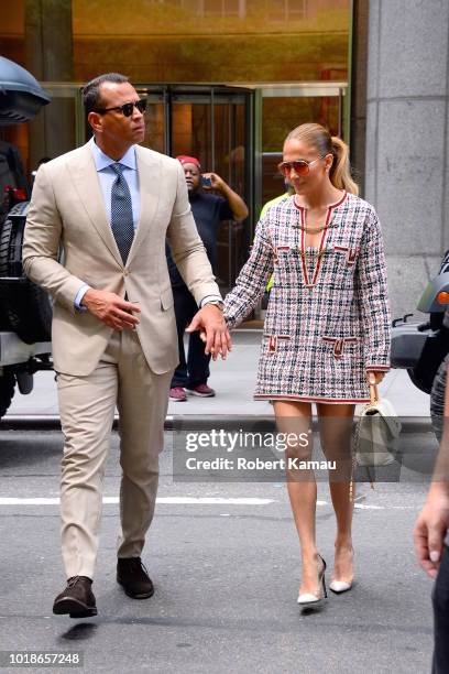 Jennifer Lopez and Alex Rodriguez seen out and about in Manhattan on August 17, 2018 in New York City.