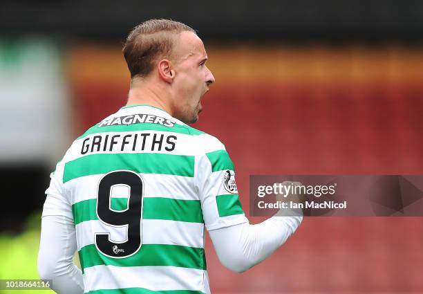 Leigh Griffiths of Celtic celebrates after he scores the opening goal during the Betfred Scottish League Cup round of sixteen match between Partick...