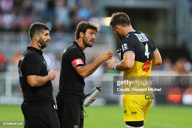 Xavier Garbajosa, headcoach of La Rochelle and Romain Sazy of La Rochelle during the test match between La Rochelle and SU Agen on August 17, 2018 in...