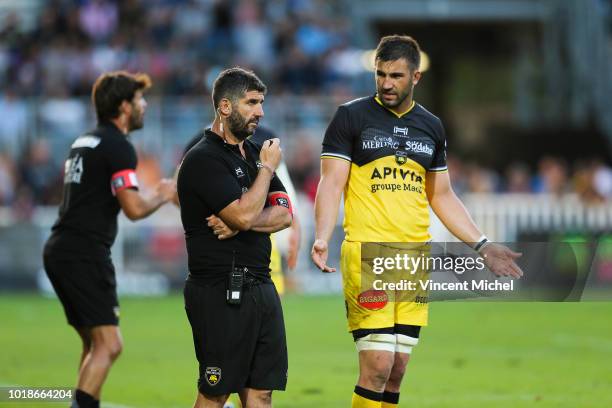 Gregory Patat and Romain Sazy of La Rochelle during the test match between La Rochelle and SU Agen on August 17, 2018 in La Rochelle, France.