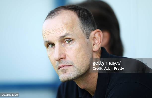 Heiko Herrlich head coach of Bayer Leverkusen during the DFB Cup match between 1. CfR Pforzheim and Bayer Leverkusen on August 18, 2018 in Pforzheim,...