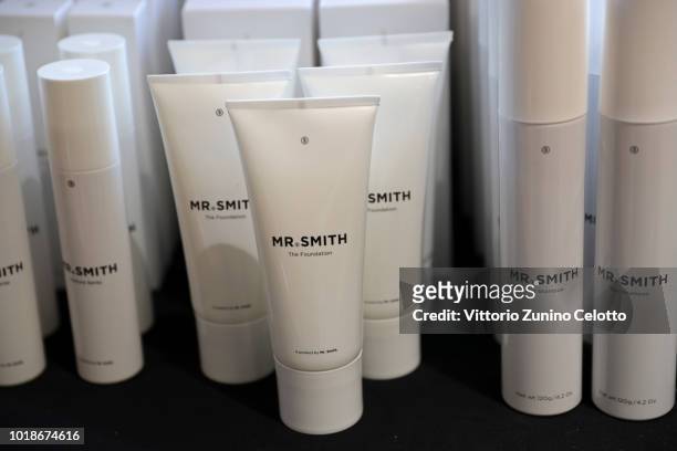 Beauty products are on display backstage ahead of the Cathrine Hammel show during Oslo Runway SS19 at Bankplassen 4 on August 14, 2018 in Oslo,...