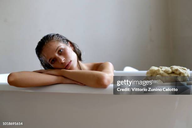 Model poses during the rehearsal ahead of the Cathrine Hammel show during Oslo Runway SS19 at Bankplassen 4 on August 14, 2018 in Oslo, Norway.