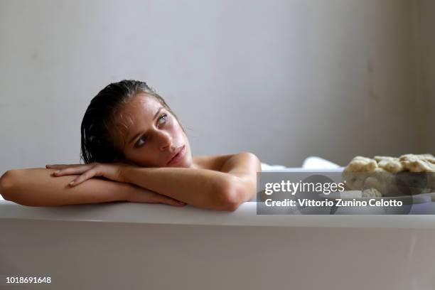 Model poses during the rehearsal ahead of the Cathrine Hammel show during Oslo Runway SS19 at Bankplassen 4 on August 14, 2018 in Oslo, Norway.