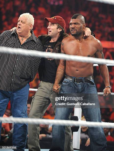 Dusty Rhodes, Sharlto Copley and Quinton 'Rampage' Jackson attend WWE Monday Night Raw at American Airlines Arena on June 7, 2010 in Miami, Florida.