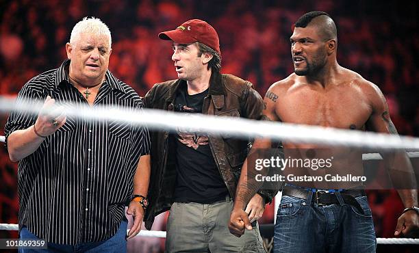 Dusty Rhodes, Sharlto Copley and Quinton 'Rampage' Jackson attend WWE Monday Night Raw at American Airlines Arena on June 7, 2010 in Miami, Florida.