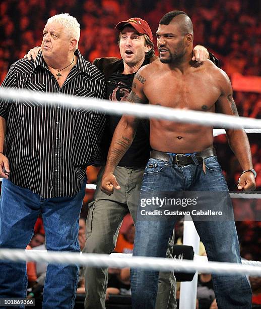 Dusty Rhodes, Sharlto Copley and Quinton 'Rampage' Jackson attend WWE Monday Night Raw at American Airlines Arena on June 7, 2010 in Miami, Florida.