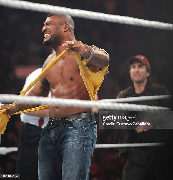 Quinton 'Rampage' Jackson and Sharlto Copley attend WWE Monday Night Raw at American Airlines Arena on June 7, 2010 in Miami, Florida.