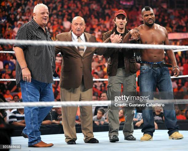 Dusty Rhodes, Gene Okerlund,Sharlto Copley and Quinton 'Rampage' Jackson attend WWE Monday Night Raw at AmericanAirlines Arena on June 7, 2010 in...