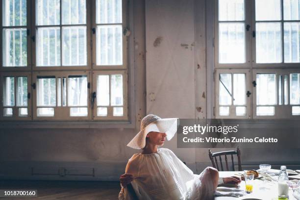 Model poses during rehearsal ahead of the Cathrine Hammel show during Oslo Runway SS19 at Bankplassen 4 on August 14, 2018 in Oslo, Norway.