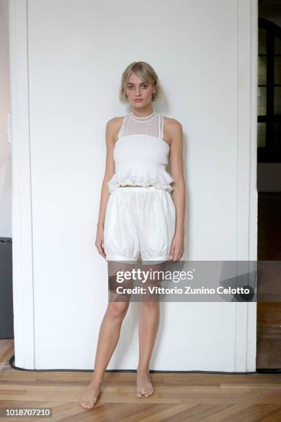 Model poses during the rehearsal ahead of the Cathrine Hammel show during Oslo Runway SS19 at Bankplassen 4 on August 14, 2018 in Oslo, Norway.