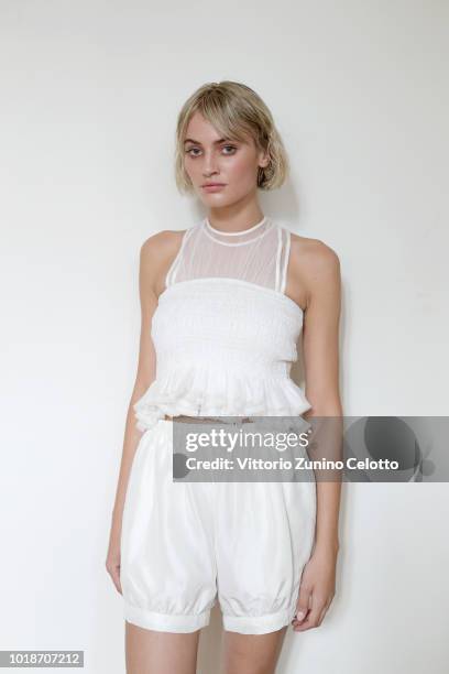 Model poses during the rehearsal ahead of the Cathrine Hammel show during Oslo Runway SS19 at Bankplassen 4 on August 14, 2018 in Oslo, Norway.