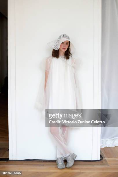 Model poses during the rehearsal ahead of the Cathrine Hammel show during Oslo Runway SS19 at Bankplassen 4 on August 14, 2018 in Oslo, Norway.
