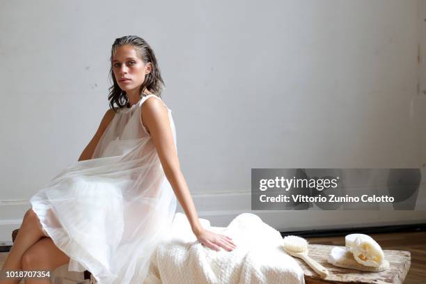 Model poses during the rehearsal ahead of the Cathrine Hammel show during Oslo Runway SS19 at Bankplassen 4 on August 14, 2018 in Oslo, Norway.