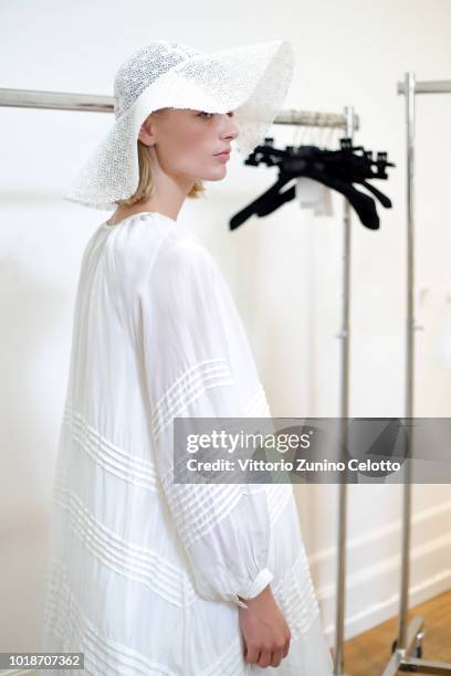 Model poses during the rehearsal ahead of the Cathrine Hammel show during Oslo Runway SS19 at Bankplassen 4 on August 14, 2018 in Oslo, Norway.