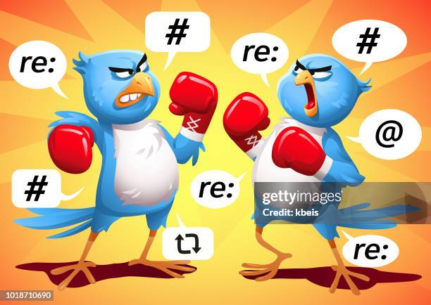 two blue birds boxing - technical issues stock illustrations