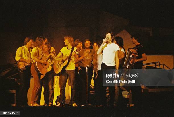 Pink Floyd perform on stage at Earls Court Arena on 'The Wall' tour, on August 7th, 1980 in London, England. David Gilmour and Roger Waters are...