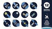 12 vector flat isolated color communication artificial satellite icon in circle space background with GPS tracking radar station, solar panel and dish.