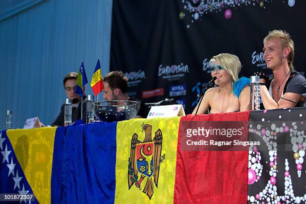 Sunstroke Project and Olia Tira of Moldova attend a press conference after the first semi final at the Telenor Arena on May 25, 2010 in Oslo, Norway....