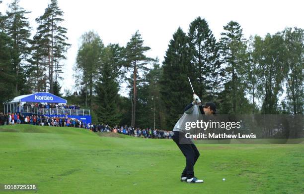 Thomas Aiken of South Africa plays his 2nd shot on the 14th hole during day three of the Nordea Masters at Hills Golf Club on August 18, 2018 in...