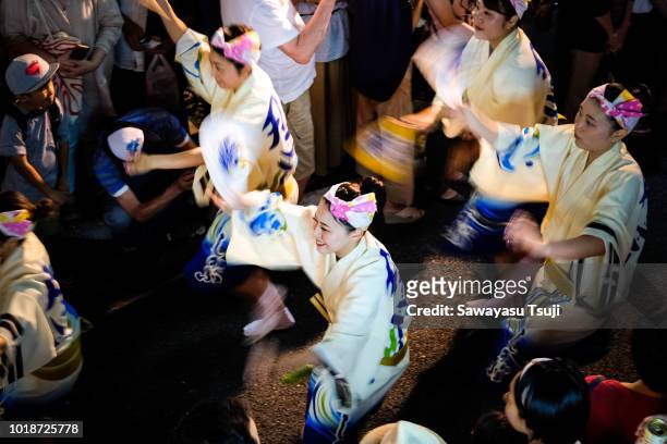 Participants perform the Awa Odori folk dance during the Awa Odori festival on August 18, 2018 in Tokyo, Japan. Awa Odori is a popular dance festival...