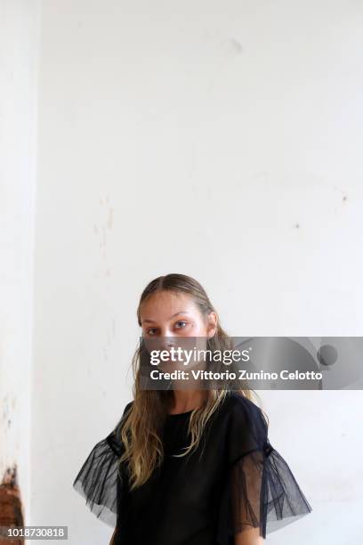 Model poses at the Cathrine Hammel show during Oslo Runway SS19 at Bankplassen 4 on August 14, 2018 in Oslo, Norway.