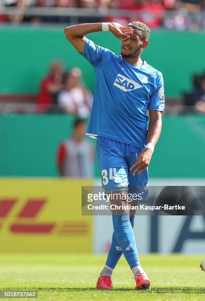 Joelinton of Hoffenheim celebrates the fifth goal for Hoffenheim during the first round DFB Cup match between 1. FC Kaiserslautern and TSG 1899...