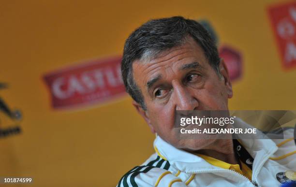 South Africa's national football team coach Carlos Parreira of Brazil gives a press conference on June 1, 2010 in Johannesburg to announce the names...