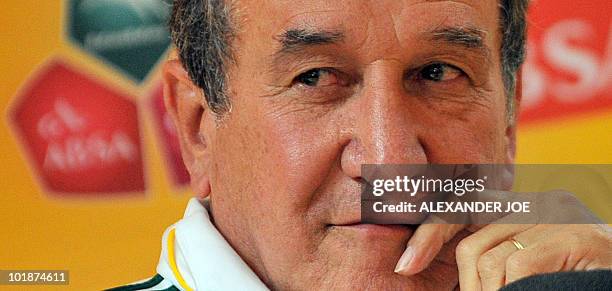 South Africa's national football team coach Carlos Parreira of Brazil gives a press conference on June 1, 2010 in Johannesburg to announce the names...