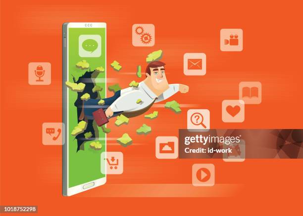 businessman breaking through smartphone - breaking and exiting stock illustrations